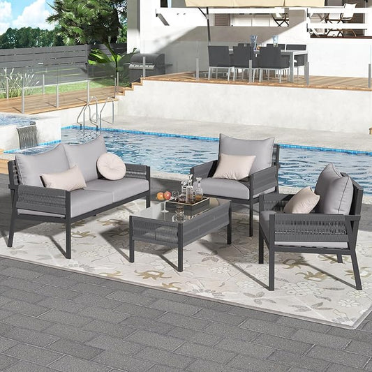 4 Piece Patio Furniture Set, Outdoor FSC Certified Acacia Wood Conversation Set, All-Weather Rope Sofa Set w/Tempered Glass Table, Loveseat for Lawn Balcony Poolside, Backyard, Backyard