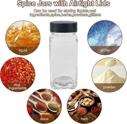 24 Spice Jars with Labels, 4oz Seasoning Jars for Cabinets, Drawers, Racks | Lead-free glass seasoning containers with black airtight lids, and they are dishwasher safe