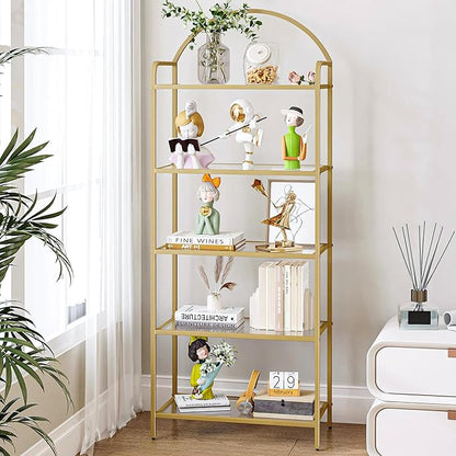 Bookcase Bookshelf, Tempered Glass Bookshelves, Slim Shelving Unit for Bedroom, Bathroom, Home Office, Steel Frame, 5 Tier Gold BC21599G