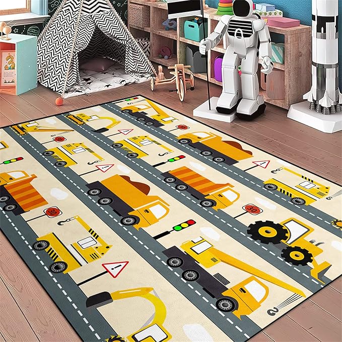 Construction Rug Car Rug Construction Rugs for Boys Room Cartoon Truck Area Rug Construction Play Mat Car Rug for Boys Room Construction Decor for Boys Room 3'×4'