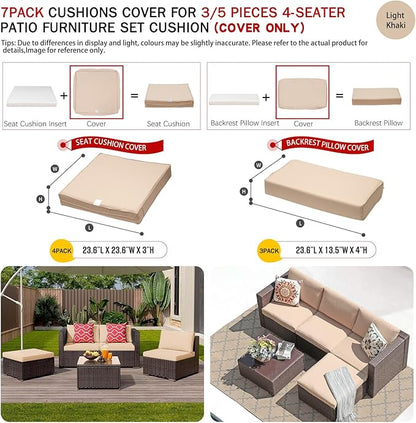 ClawsCover 7Pack Outdoor Seat and Back Cushions Replacement Covers Fit for 3/5 Pieces 4-Seater Wicker Rattan Patio Furniture Conversation Set Sectional Couch,Light Khaki-Small (Include Cover Only)