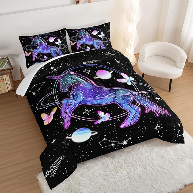 HOSIMA Unicorn Bedding Sets for Girls Kids,Butterfly Star Empty Galaxy Comforter,Unicorn Bedroom Decor for Girls Boys,Soft Microfiber Black King Size Comforter Set,Butterfly Crib Bedding Set.