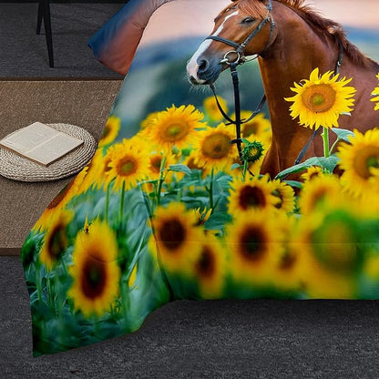 NINENINE Horse Comforter Bedding Set Twin for Boys Teens,Horse Walking Among Sunflowers Pattern Printed Bedding Set,Sunflower Comforter Set,Soft Microfiber Quilt Set with Matching Pillowcase#5002