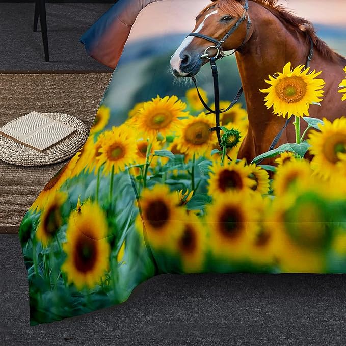 NINENINE Horse Comforter Bedding Set King for Boys Teens,Horse Walking Among Sunflowers Pattern Printed Bedding Set,Sunflower Comforter Set,Soft Microfiber Quilt Set with Matching Pillowcase#5002