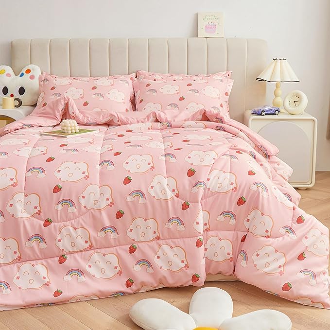 Mooreeke Bed in a Bag for Kids Girls Teens, 7 Pieces Full Size Comforter Bed Set with Shams, Sheet Set, Rainbow Cloud Strawberry Pink Super Soft Microfiber Kids Comforter Bedding Set