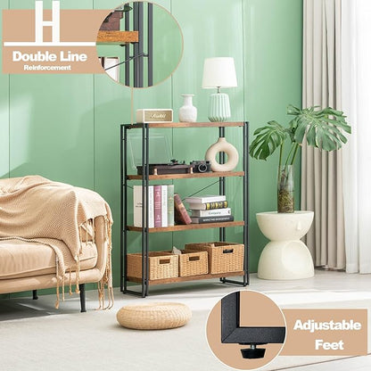 HCHQHS Bookshelf, 4-Tier Industrial Bookcase, Rustic Open Book Shelf, Freestanding Tall Bookshelves with Metal Frame