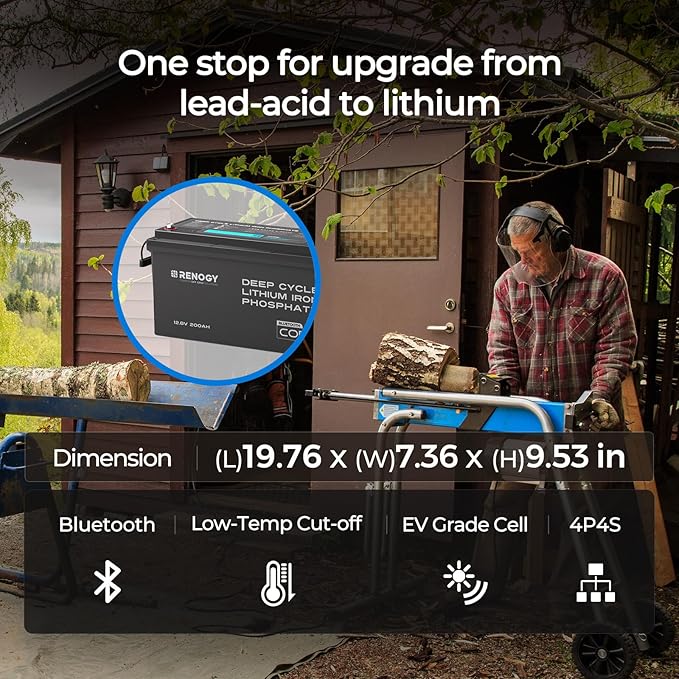 Renogy 12V 200Ah Bluetooth Lifepo4 Battery, Bulit in 200A BMS Lithium Deep Cycle Battery, 400A Peak Power Surge for Off Grid Life, Backup Power for RV, Camping, Cabin, Marine