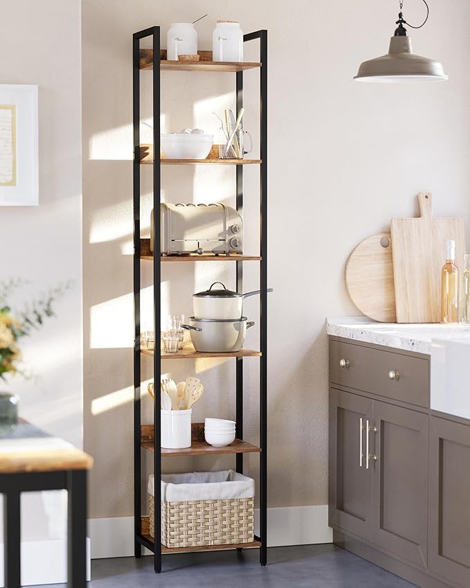 6-Tier Bookshelf, Narrow Bookcase with Open Shelves, Talll Book Shelf Coner Shelf for Living Room, Bedroom, Home Office, Study, Bathroom,11.5 x 15.7 x 72.6 Inches, Rustic Brown and Black