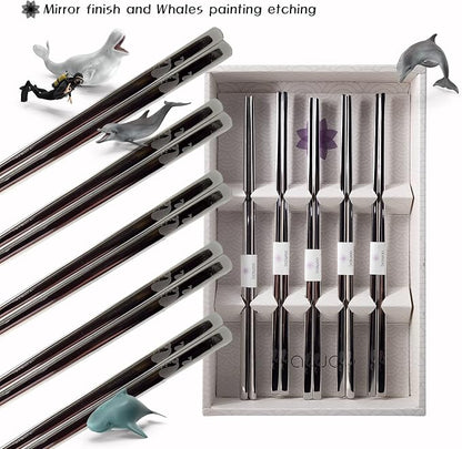 Chopsticks [Made in Korea][5 Sets] 430 Premium Stainless Steel Chopsticks, Mukbang Kitchen Utensil, Cutlery Silverware Stainless Tableware (Whale)
