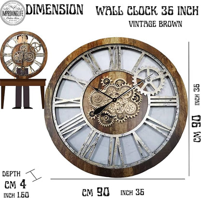 The Gears Clock 36'' Inch Real Moving Gear Wall Clock Vintage Industrial Oversized Rustic Farmhouse (Vintage Brown)
