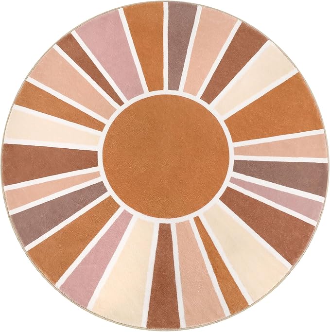 Topotdor Sun Rainbow Round Rug 4ft Boho Kids Nursery Rug, Colorful Washable Area Rug Ultra Soft Circle Classroom Rug Non-Slip for Bedroom Living Room Playroom Decor, Orange