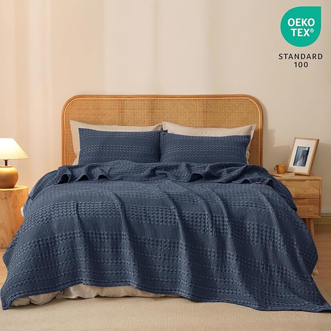 PHF 100% Cotton Waffle Weave Blanket King Size, Soft Lightweight Breathable Cozy Summer Blankets for Bed, Luxury Aesthetic Woven Bedding for Home Decor, 108"x90", Dark Navy