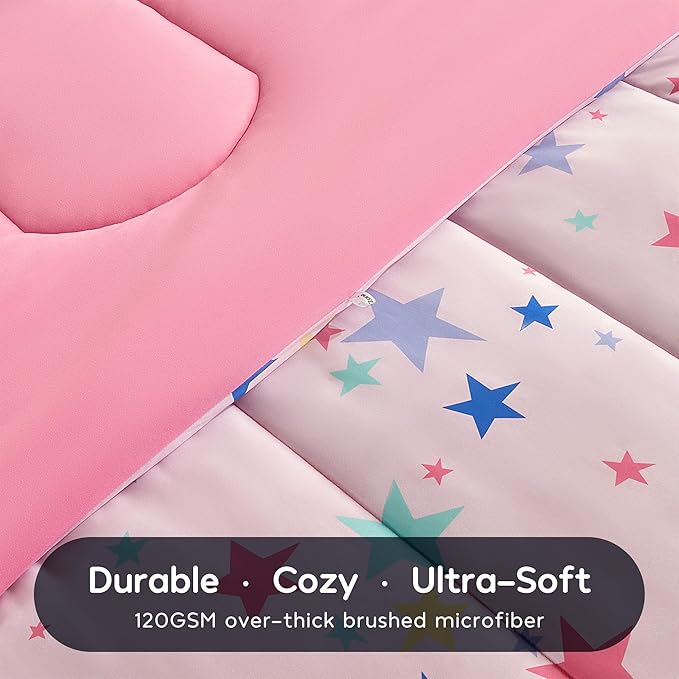SLEEP ZONE Kids Comforter Set, Jersey Knit 3 Pieces Bedding Set for Girls, Soft, Breathable, Washable, Easy Care (Colorful Stars, Full/Queen)