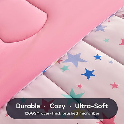 SLEEP ZONE Kids Comforter Set, Jersey Knit 3 Pieces Bedding Set for Girls, Soft, Breathable, Washable, Easy Care (Colorful Stars, Full/Queen)