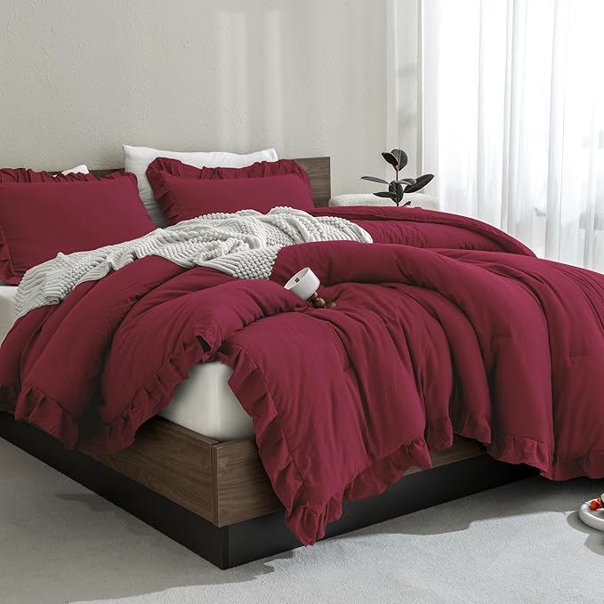 Andency Burgundy Comforter Set Queen Size, 3 Pieces Shabby Chic Ruffle Bedding Comforter Sets for Queen Bed, Lightweight Fluffy Soft Microfiber Farmhouse Comforter Set