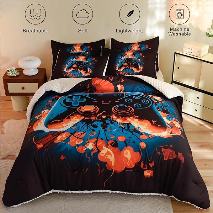 Video Game King Size Comforter Set for Boys Kids Teens Gamepad Gaming Controller and Fire Pattern Bedding Set- 3 Piece Quilt with 2 Pillowcases (104"x90")