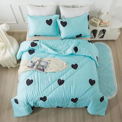 Love Pattern Girls Comforter Set Queen Size, Sky Blue Cute Love Heart Print Comforter Bedding Set for All Seasons, Geometric Soft Microfiber 3 Pieces Comforter Set with Pillowcases