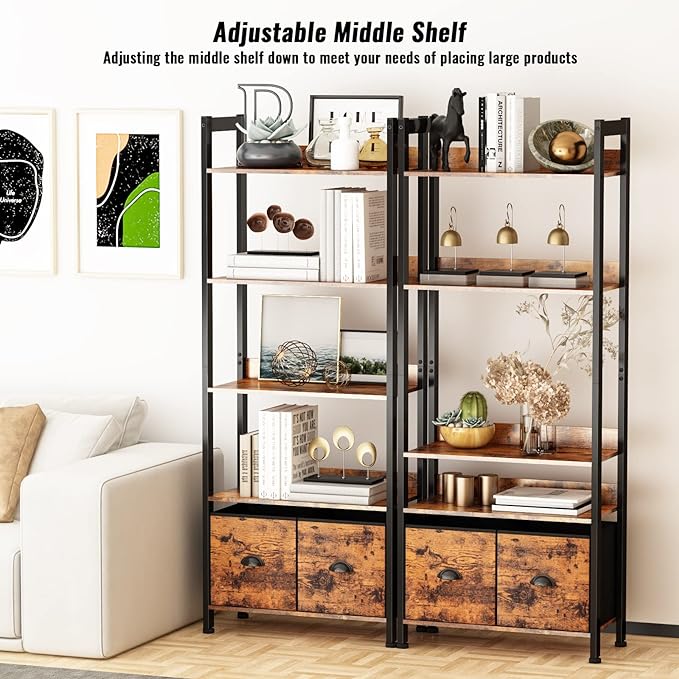 Furologee 5-Tier Bookshelf, Tall Bookcase with 2 Storage Drawers, Industrial Display Standing Shelf Units, Wood and Metal Storage Shelf for Living Room, Bedroom, Home Office, Rustic Brown