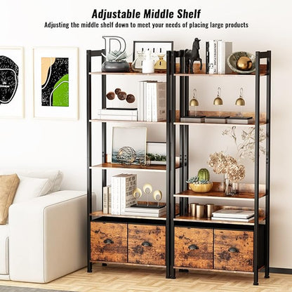 Furologee 5-Tier Bookshelf, Tall Bookcase with 2 Storage Drawers, Industrial Display Standing Shelf Units, Wood and Metal Storage Shelf for Living Room, Bedroom, Home Office, Rustic Brown
