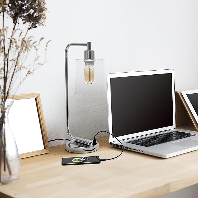 Simple Designs LD1066-CHR-LB Industrial Vintage Bronson Iron Lantern Desk Table Lamp with USB Port and Glass Cylinder Shade for Office, Living Room, Bedroom, Chrome, with Feit LED Bulb Included
