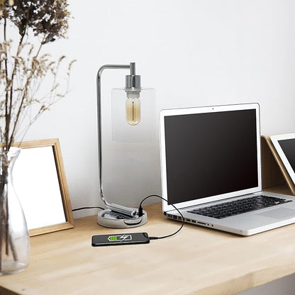 Simple Designs LD1066-CHR-LB Industrial Vintage Bronson Iron Lantern Desk Table Lamp with USB Port and Glass Cylinder Shade for Office, Living Room, Bedroom, Chrome, with Feit LED Bulb Included