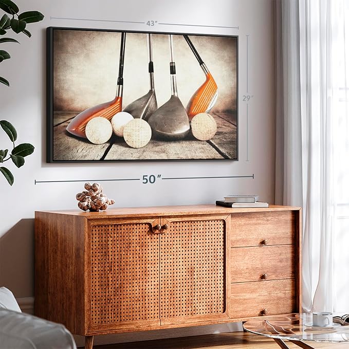 ElephantStock Golf Sets Wall Art - Horizontal Framed Canvas - 1-Piece Mancave Wall Decor - Photography Sports Canvas Print - Yellow and Brown Decor for Wall - 43" X 29"
