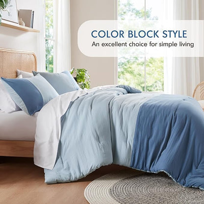 Blue Comforter King Size - Modern Farmhouse Soft Comforter Sets for Men, Masculine Colorblock Pattern Bed Sets for All Season, 3 Pieces includes 1 Comforter, 2 Shams (104"x 90")