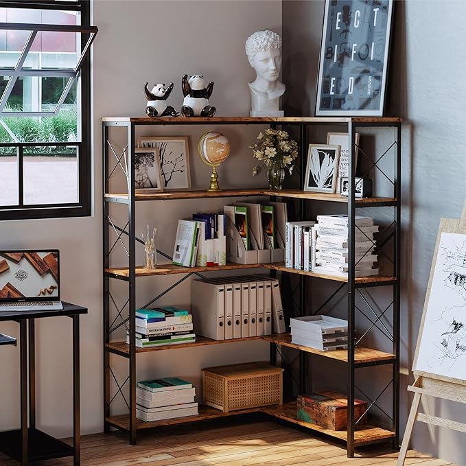 IRONCK 5-Shelf Corner Bookcase, Vintage Industrial Corner Bookshelf Etagere Bookcase, 5 Tier Corner Shelf Storage Rack with Metal Frame for Living Room Home Office