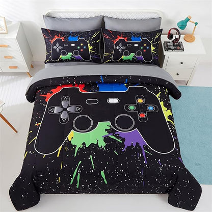KAKKI 4 Piece Boys Twin Gamer Comforter Set with Sheets, 3D Colorful Video Game Controller Comforter for Kids Teen, All Season Soft Microfiber Gaming Bedding Set(Black,Twin)