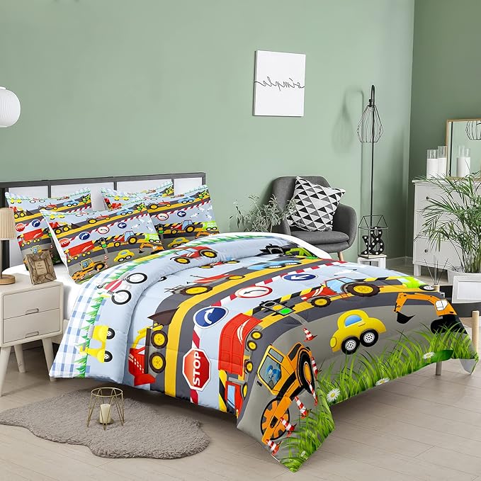 Tailor Shop Construction Vehicle Truck Comforter Set Full Size，Cartoon Excavator Bedding Sets Comforter Cover for Boys Childs Kids Teens ，Tractor Mixer Room Decor with 1 Comforter 2 Pillowcases