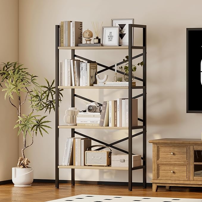4 Tier Book shelf 23.6" W, Small Bookcase with Open Shelves, BookShelf with Storage, Standing Book Shelves Organizers and Storage for Living Room, Kitchen, Home, Office (Light Coffee)