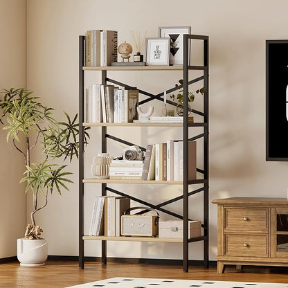 4 Tier Book shelf 23.6" W, Small Bookcase with Open Shelves, BookShelf with Storage, Standing Book Shelves Organizers and Storage for Living Room, Kitchen, Home, Office (Light Coffee)