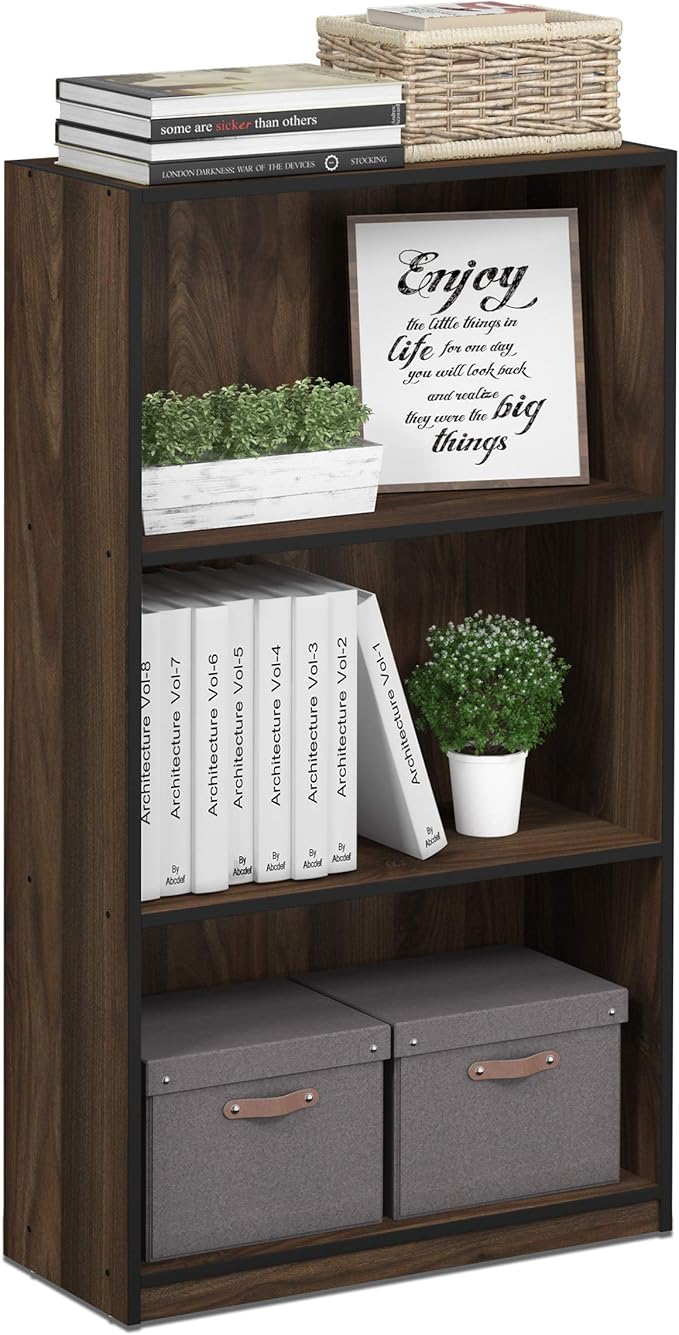 FURINNO Basic 3-Tier Bookcase Storage Shelves, Columbia Walnut