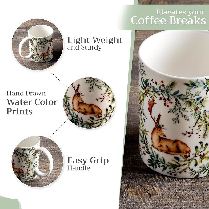 Maison d' Hermine Coffee Mug with Handles Tea Cups (12 Ounce, Pack of 1) | Fine Bone China Coffee Mugs for Hot Beverages Cappuccino Latte Home Restaurant Hotel Spring Summer -Holly Time - Cerf