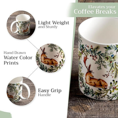 Maison d' Hermine Coffee Mug with Handles Tea Cups (12 Ounce, Pack of 1) | Fine Bone China Coffee Mugs for Hot Beverages Cappuccino Latte Home Restaurant Hotel Spring Summer -Holly Time - Cerf