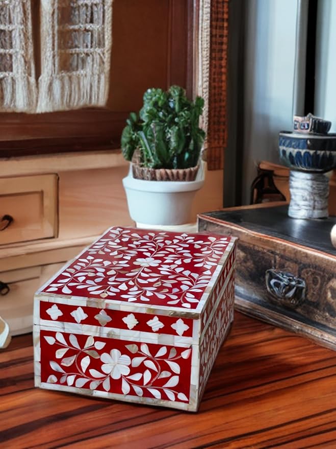 Decorative Wooden Storage Box with Mother of Pearl Inlay – Elegant Floral Design – Perfect for Home Décor in Living Room, Dining Area, or Bedroom (Red, 12x8x5 inches)