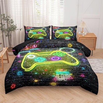 Twin Bedding Sets for Boys, Gamer Comforter Sets for Boys Teens, 3D Printed Gaming Console Soft Microfiber Bedding Sets, Twin Bed Comforter Set for Boys (1 Comforter +1 Pillowcases)