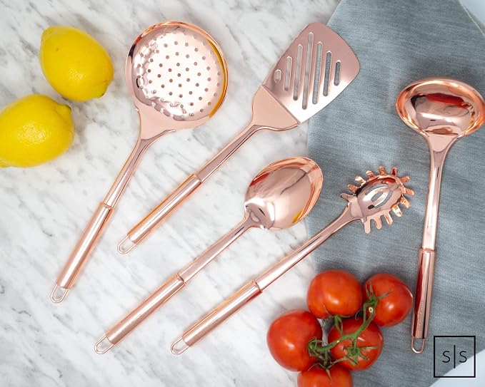 Styled Settings Copper Kitchen Utensils Set, 5-Piece | Copper Kitchen Accessories Includes Stainless Steel Ladle, Spoon, Pasta Fork, Spatula, and Skimmer - Unique Kitchen Gifts