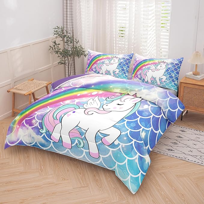 Tailor Shop Unicorn Comforter Sets Twin Size,Blue Unicorn Bedding Sets for Girls Kids Teens with 1 Pillowcase……
