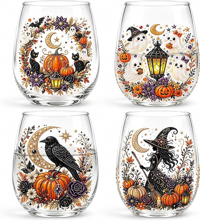3D Halloween Autumn Glass Art Cup,Stemless Holiday Glassware Collection | Fantasy Fall Witch Wine Glasses,Holiday Printed Table Ornaments,Magical Halloween Home Decor Gifts for Various Beverages