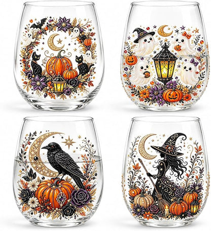 3D Halloween Autumn Glass Art Cup,Stemless Holiday Glassware Collection | Fantasy Fall Witch Wine Glasses,Holiday Printed Table Ornaments,Magical Halloween Home Decor Gifts for Various Beverages