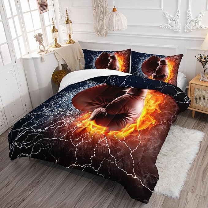 Axolotl Boxing Bedding Set Queen,Sports Theme Comforter Set Boxing Gloves Pattern Bedding Set,Red Blue Cool Lightning Comforter Pugilism Games Bedding Set For Kids Boys Teens Men,1 Quilt 2 Pillowcases