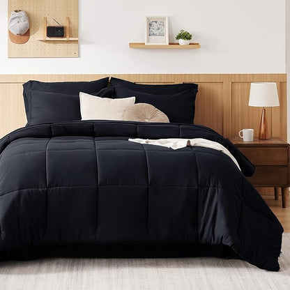 Bedsure Black Queen Size Comforter Set - 7 Pieces Solid Queen Bed Set, Queen in a Bag Black with Quilted Warm Fluffy Comforters, Sheets, Pillowcases & Shams