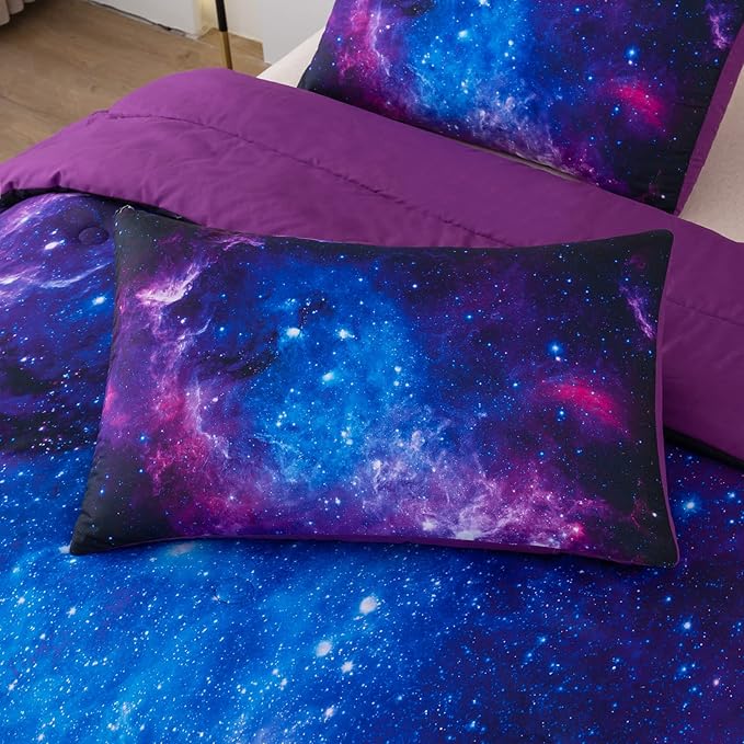 NINENINE Galaxy Comforter Space Bedding Set Queen Size for Teen Kids, Girls Purple Comforter Set Printed with 1 Comforter 2Pillowcases……