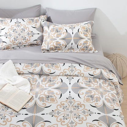 EMME Twin Comforter Set - Grey White Floral Bedding Set 5 PCS with Geometric Flowers Pattern, Soft Plant Printed Botanical Bed Set with Sheets,Fluffy Bed Bag for All Season(68"X90")