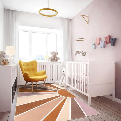 Topotdor Sun Rainbow Area Rug 3 x 5ft Boho Kids Nursery Rug, Colorful Washable Area Rug Ultra Soft Circle Classroom Rug Non-Slip for Bedroom Living Room Playroom Decor, Orange