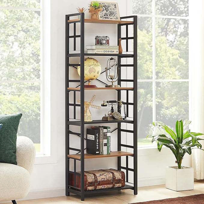 HOMBAZAAR Bookshelf,6 Tier Tall Bookshelf with Metal Frame,Open Bookshelves and Bookcases,Industrial Book Shelf for Living Room,Home Office and Bedroom,Rustic Brown