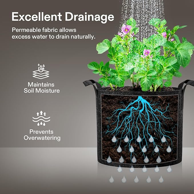 VIVOSUN 5-Pack 10 Gallon Plant Grow Bags, Heavy Duty Thickened Nonwoven Fabric Pots with Handles