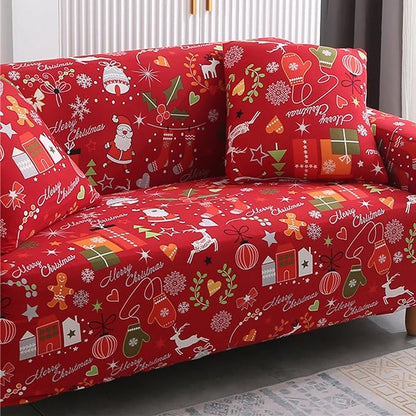 Mybedsoul Christmas Printed Sofa Cover Santa Claus Elastic Couch Cover Machine Washable Christmas Theme Red Sofa Slipcover for Living Room(3 Seater)