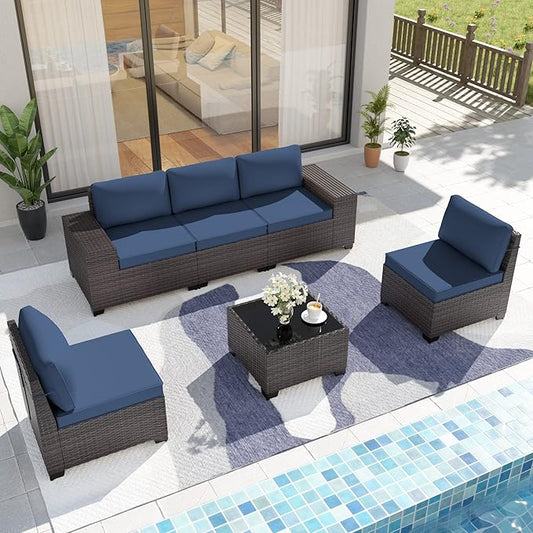 Patio Furniture Set Sofa 6pcs Wicker Sectional Sofa Set, Outdoor Furniture Rattan Patio Conversation Set with Thickened Cushions and Glass Coffee Table, Dark Blue